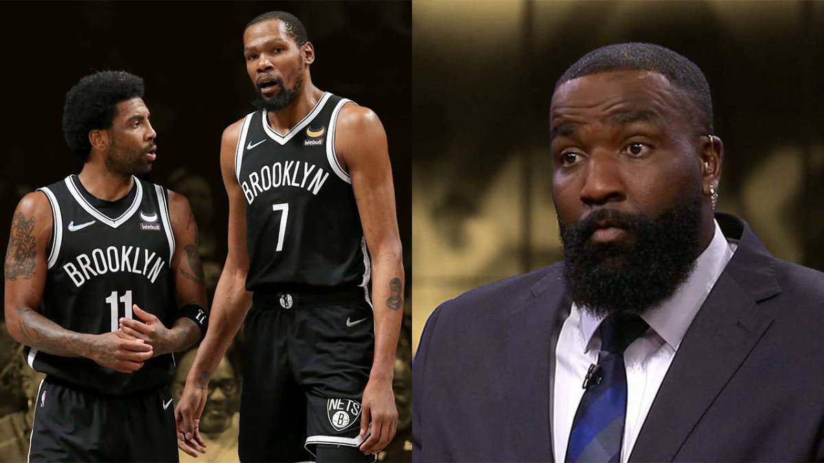 Kendrick Perkins with Brooklyn Nets' duo of Kyrie Irving and Kevin Durant