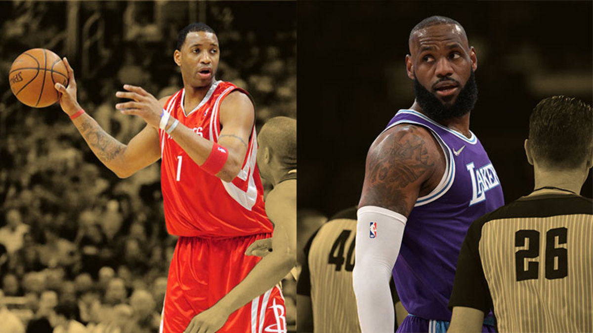 Houston Rockets guard Tracy McGrady and Los Angeles Lakers forward LeBron James