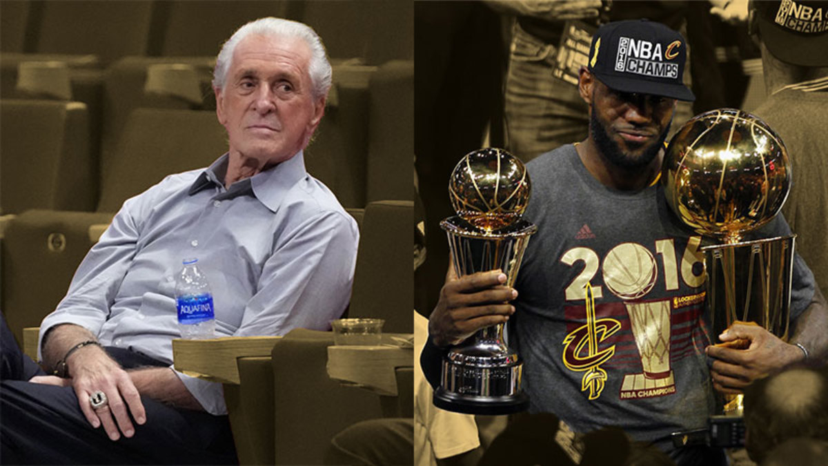Miami Heat team president Pat Riley and Cleveland Cavaliers forward LeBron James