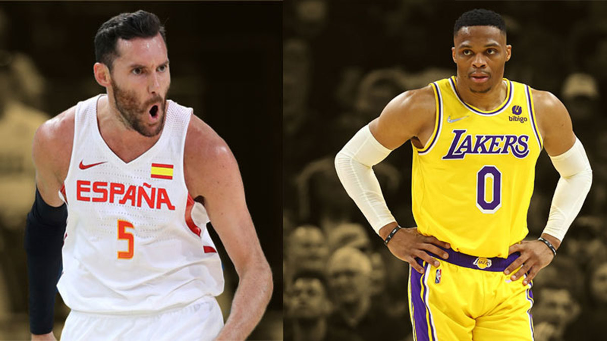 Spain guard Rudy Fernandez and Los Angeles Lakers guard Russell Westbrook