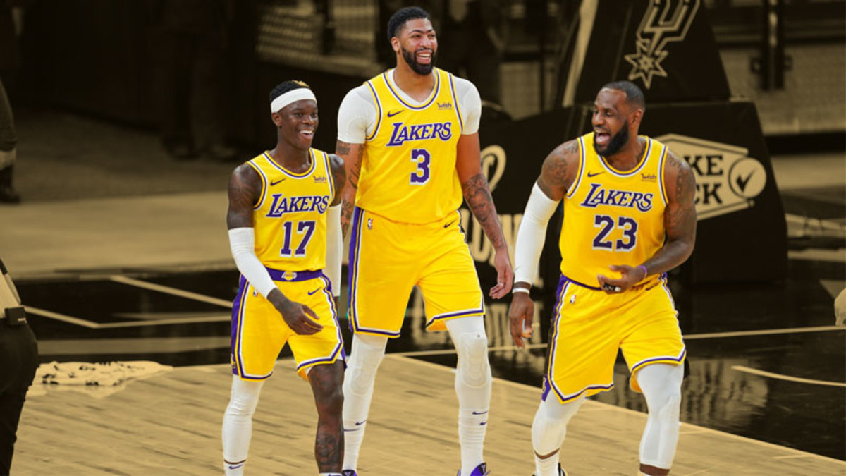 Los Angeles Lakers guard Dennis Schroder , forward Anthony Davis , and forward LeBron James