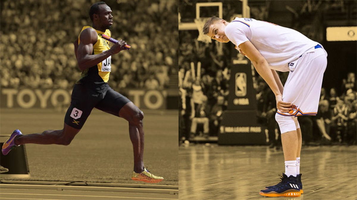 Jamaican sprinter Usain Bolt and New York Knicks center Kristaps Porzingis
