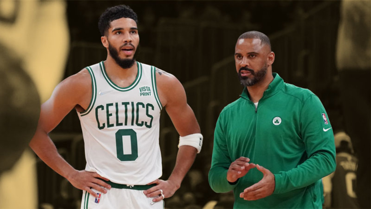 Boston Celtics head coach Ime Udoka talks with forward Jayson Tatum