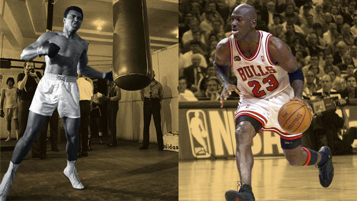 Muhammad Ali and Chicago Bulls guard Michael Jordan