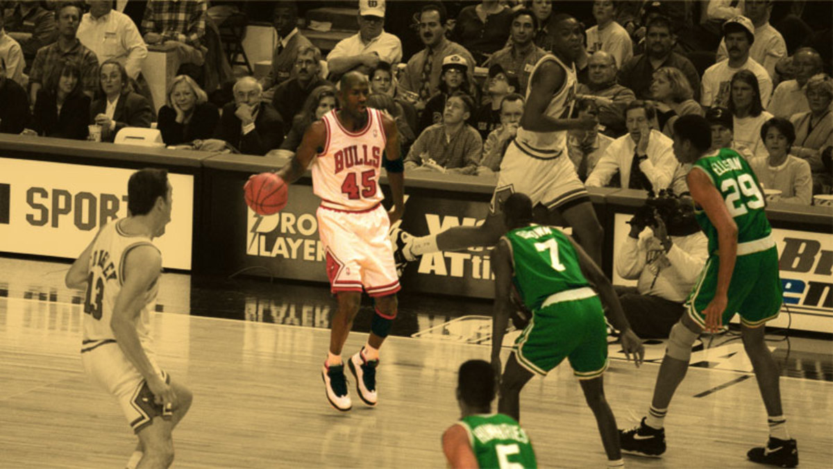 Chicago Bulls guard Michael Jordan in action against the Boston Celtics