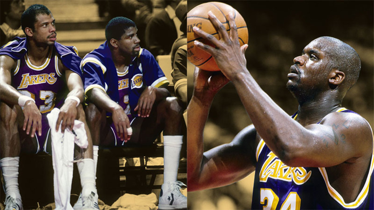 Los Angeles Lakers center Kareem Abdul-Jabbar, guard Magic Johnson and center Shaquille O'Neal
