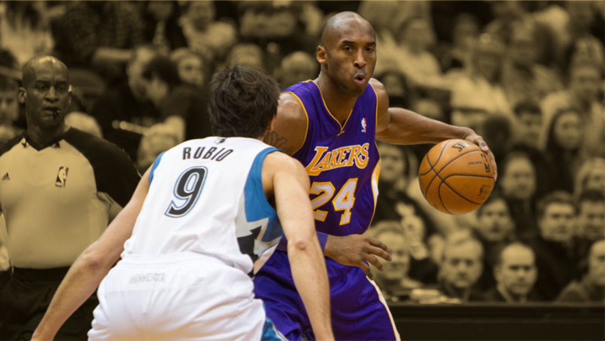 Los Angeles Lakers guard Kobe Bryant and Minnesota Timberwolves guard Ricky Rubio