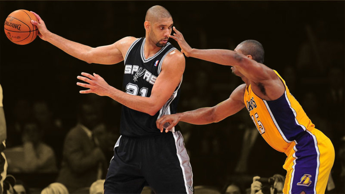 San Antonio Spurs center Tim Duncan and Los Angeles Lakers small forward Metta World Peace