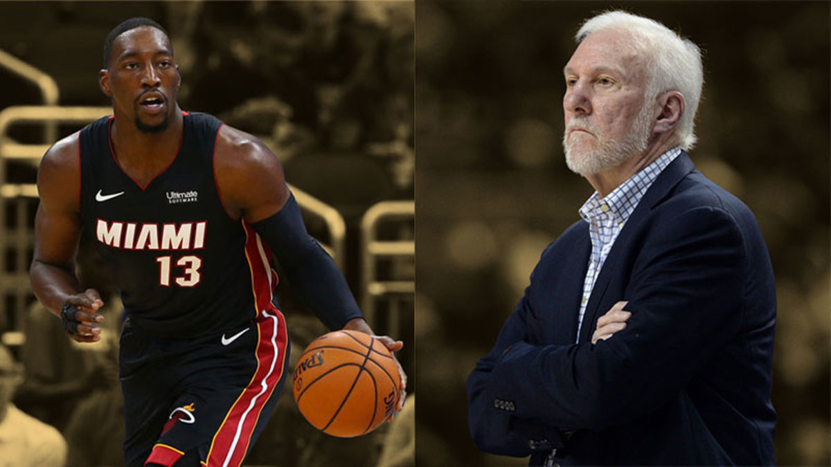 Miami Heat center Bam Adebayo and San Antonio Spurs head coach Gregg Popovich