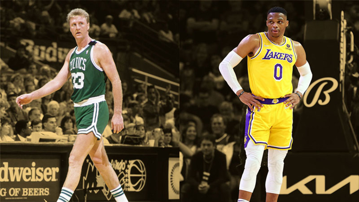 Boston Celtics forward Larry Bird and Los Angeles Lakers guard Russell Westbrook