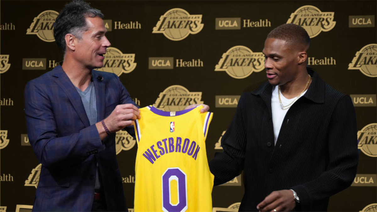 Los Angeles Lakers general manager Rob Pelinka and guard Russell Westbrook