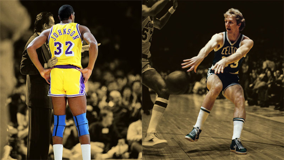 Los Angeles Lakers guard Magic Johnson and Boston Celtics forward Larry Bird