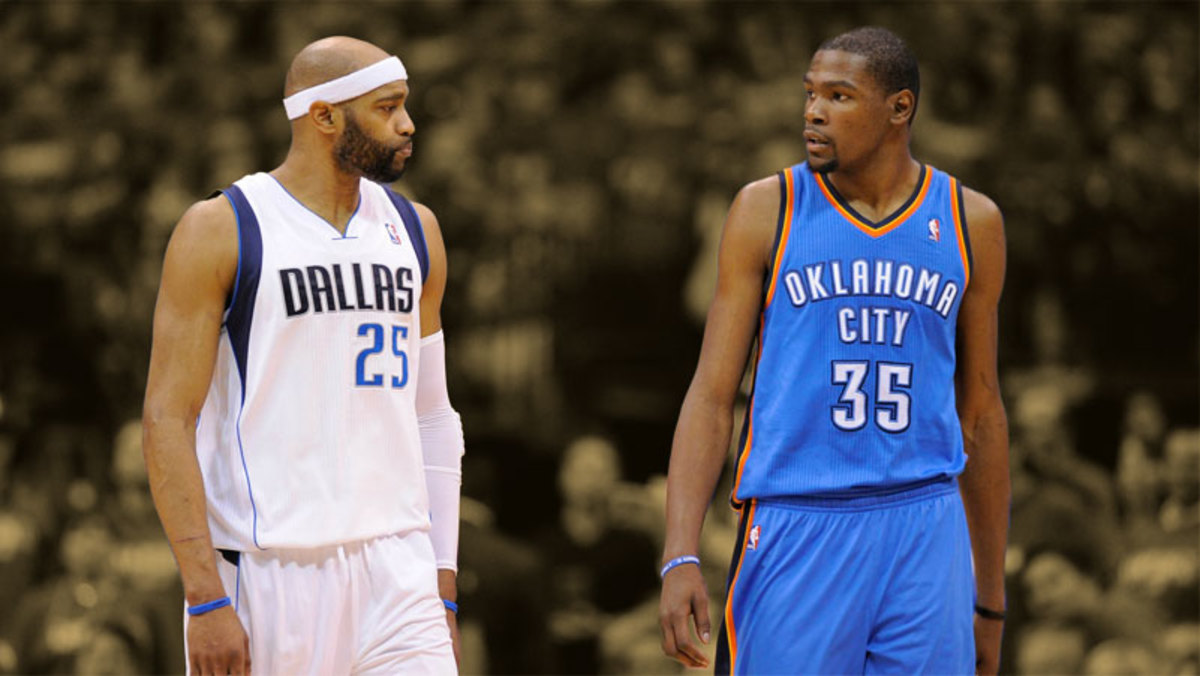 Dallas Mavericks guard Vince Carter and Oklahoma City Thunder small forward Kevin Durant