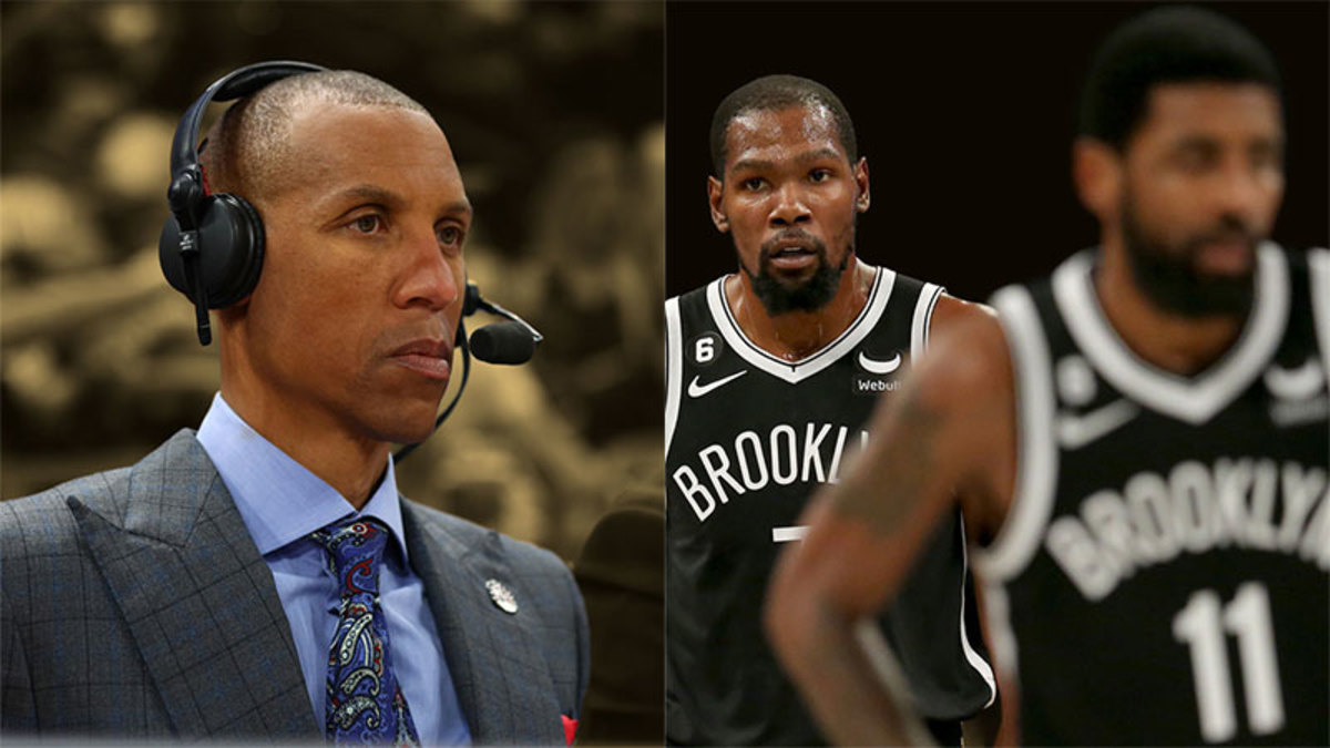 NBA on TNT television analyst Reggie Miller, Brooklyn Nets forward Kevin Durant and guard Kyrie Irving