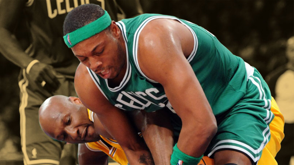 Boston Celtics forward Paul Pierce and Los Angeles Lakers forward Lamar Odom