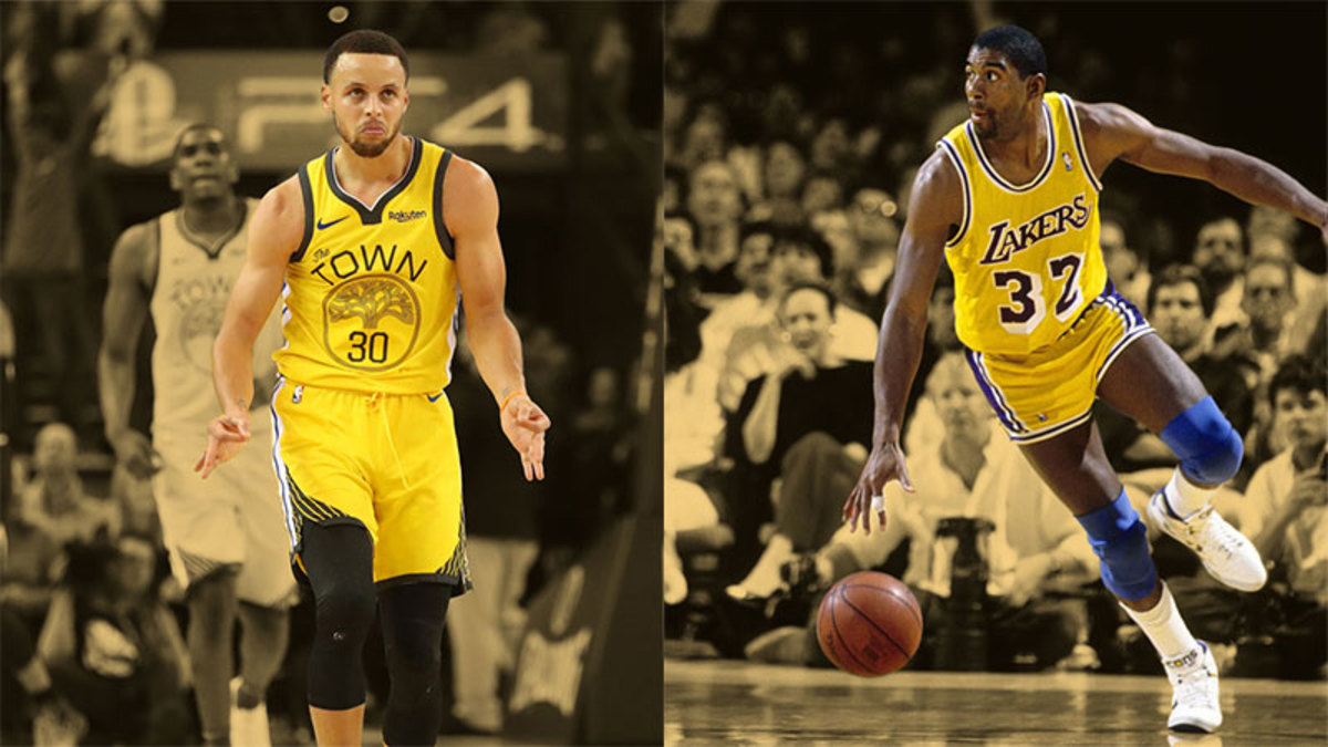 Los Angeles Lakers guard Magic Johnson and olden State Warriors guard Stephen Curry