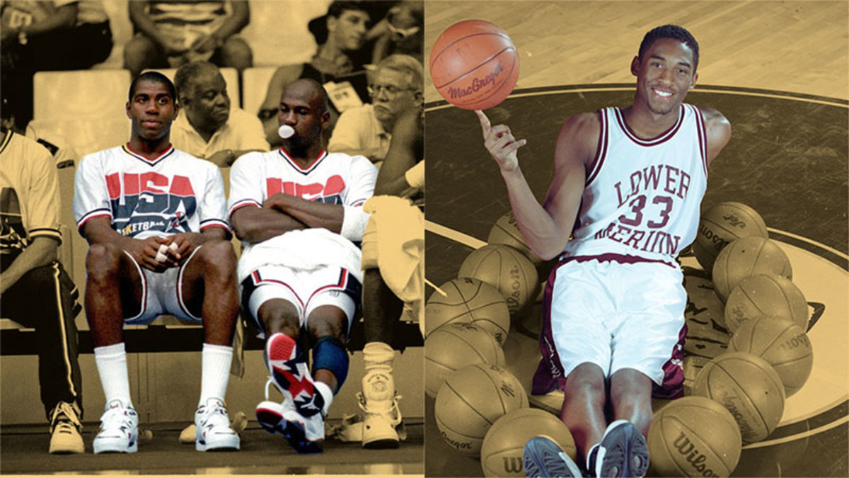 Los Angeles Lakers point guard Magic Johnson, Chicago Bulls shooting guard Michael Jordan, Lower Merion High School senior Kobe Bryant