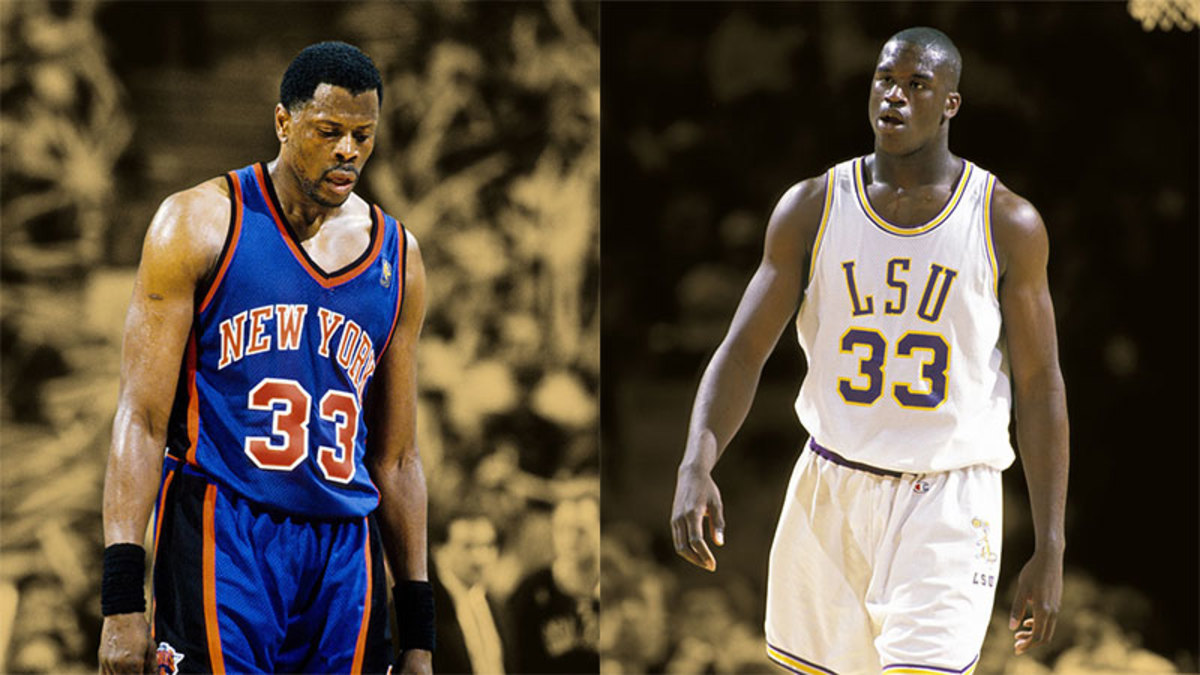 New York Knicks center Patrick Ewing and LSU Tigers center Shaquille O'Neal