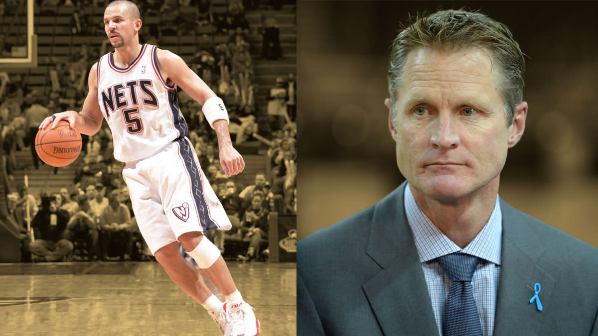 Fox Sports broadcasters Steve Kerr during the NCAA basketball game/New Jersey Nets guard Jason Kidd (5) with the ball