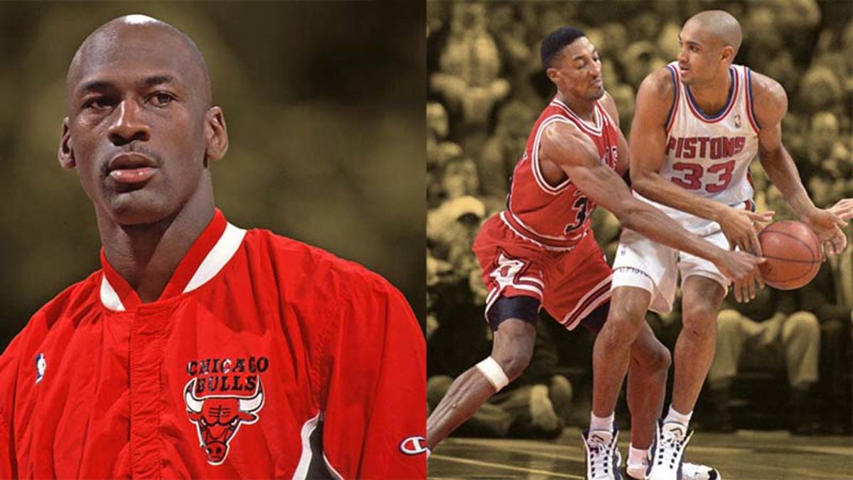 Michael Jordan, Scottie Pippen, and Detroit Pistons' Grant Hill