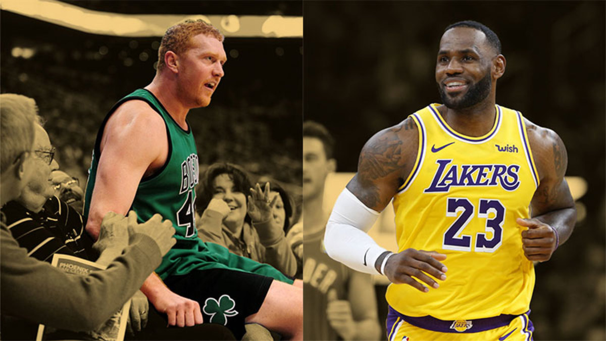 Boston Celtics forward Brian Scalabrine and Los Angeles Lakers forward LeBron James