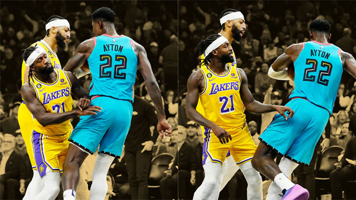 Los Angeles Lakers guard Patrick Beverley, center Anthony Davis and Phoenix Suns center Deandre Ayton
