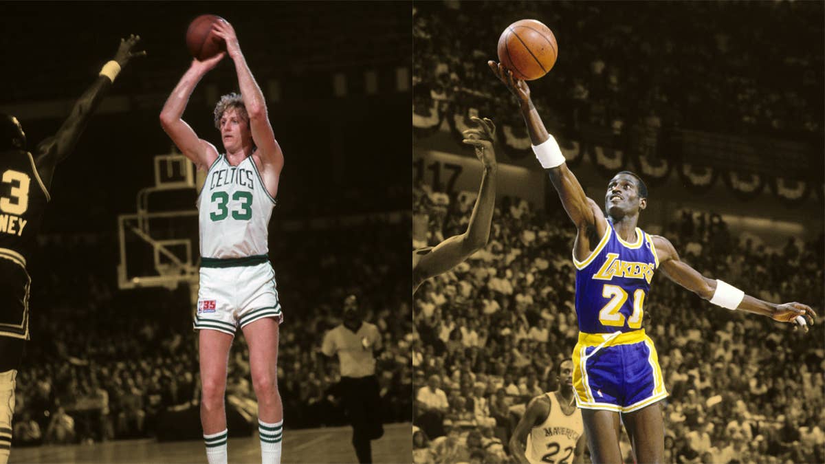 Los Angeles Lakers forward Michael Cooper (21) Boston Celtics forward Larry Bird (33)